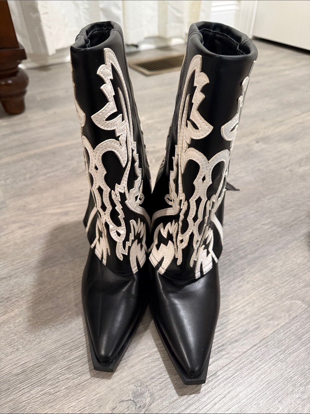 Black Lace-Up Western Mid-Calf Boots with White Embroidery